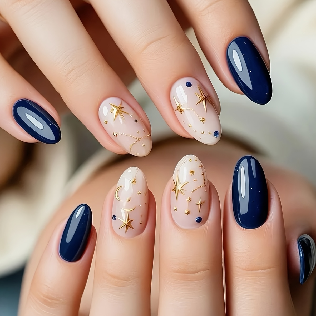 TEMU 24pcs Nude Contrast + Starry False Nails, Formal Occasion Evening Nail Patches, Exquisite Light Nail Patches, Almond Shape, Nude Base