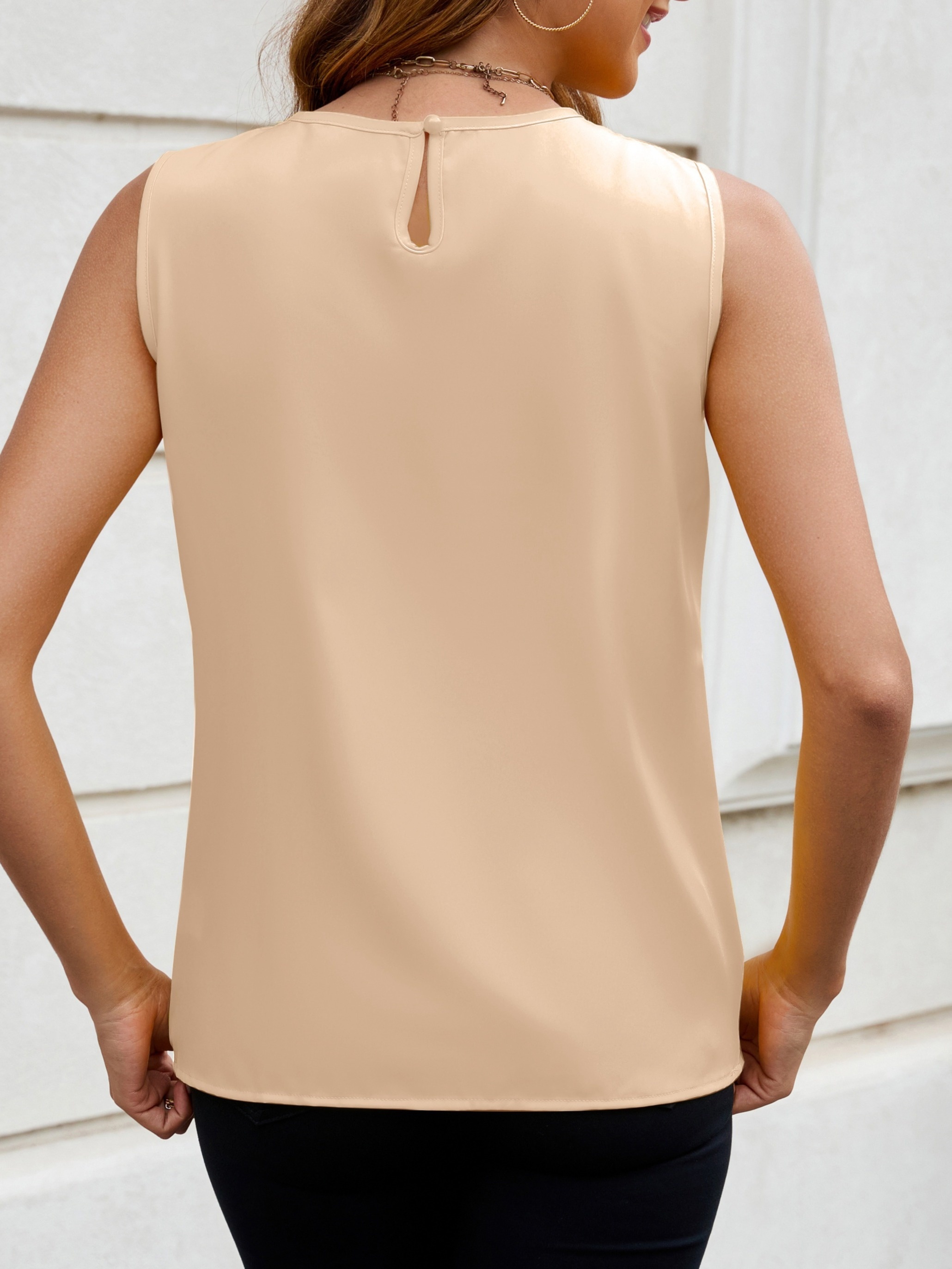 Women's Elegant Solid Color Sleeveless Blouse - Round Neck Button Front, Machine Washable Non-Stretch Fabric, All-Season Versatile Top for Casual & Formal Wear, Buttoned Front Top, Sophisticated Design