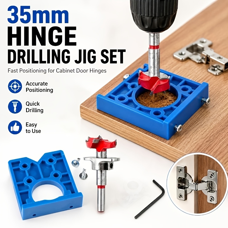 TEMU Hidden Hinge Special Drilling Jig Set, Woodworking Hinge Hole Punch Locator, With Hex Wrench And Adjustable Drill Bit, Suitable For Woodworking