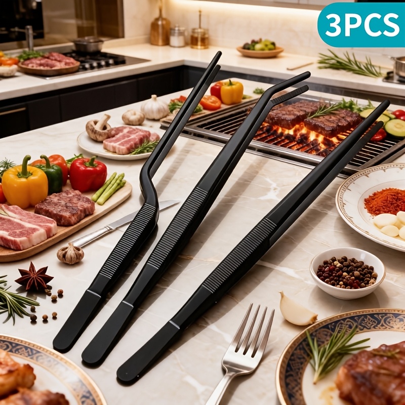 TEMU 3pcs Professional Stainless Steel Kitchen Tongs 20cm/7.87inch- Heat Resistant, Non-slip Silicone Handle For Cooking, Grilling, Serving, Plating,