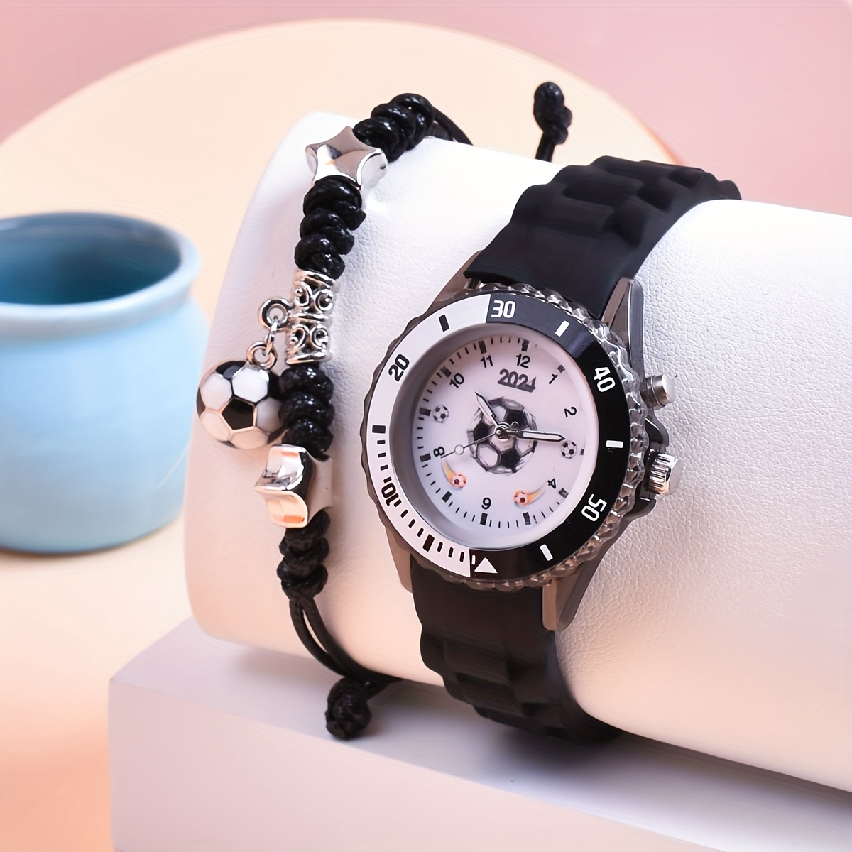 Image of 2024 New Double Movement Led Luminous Watch For Boys Football Sports Watch Adjustable Braided Rope Bracelet Set 2pcs