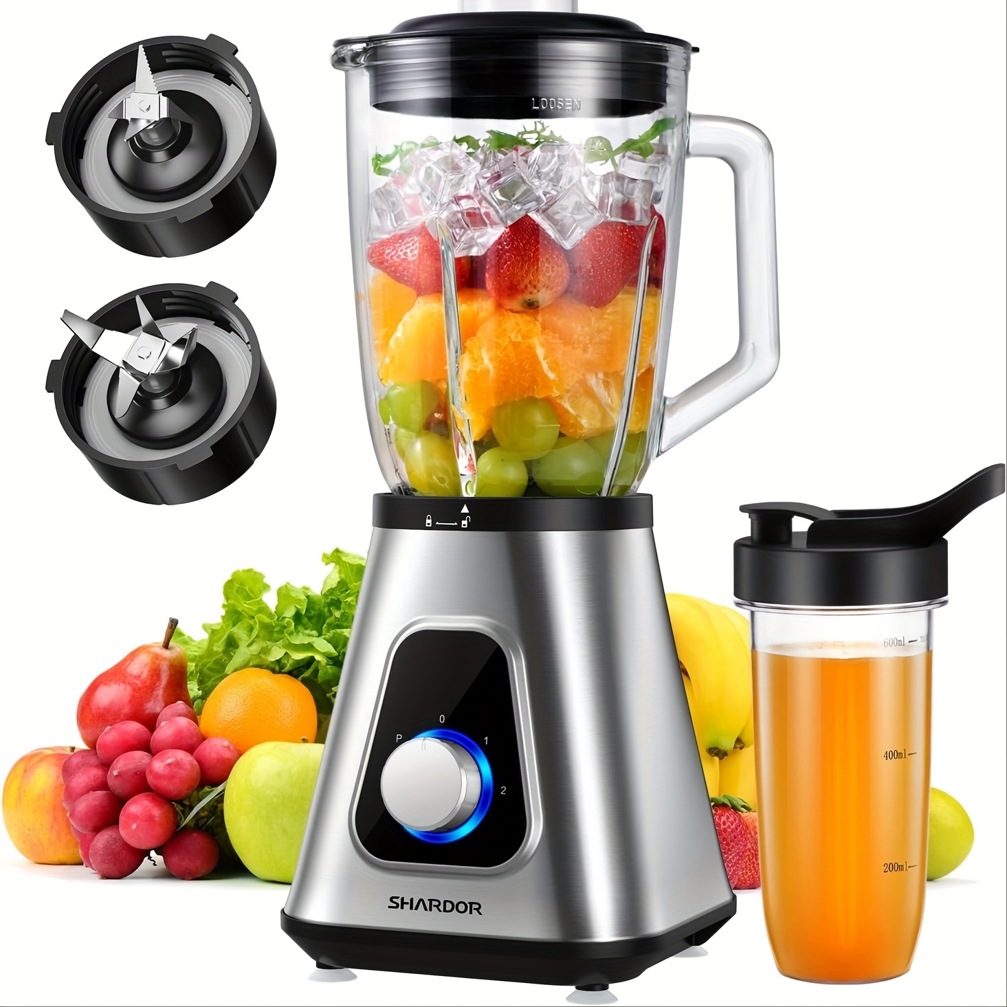 

Shardor 1200w Professional 2-1 Smoothie Combo, 1.5l Glass Jar With 650ml Travel Cup, 3- Blenders, Jug For , Shakes, Drinks Sauces, Silver