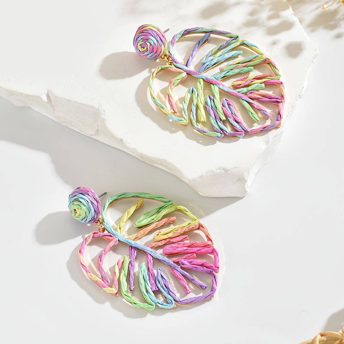 Bohemian Hand-Woven Raffia Hollow-Out Leaf Earrings