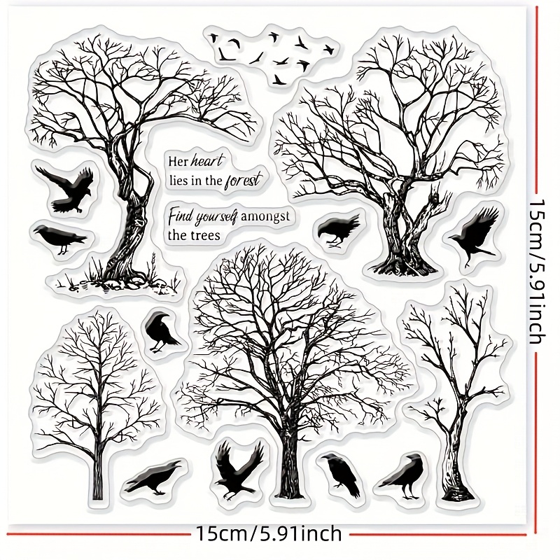 Image of 1pc Crow And Tree Transparent Stamp Diy Silhouette Silicone Clear Stamp 5.9 X 5.9 Inches (about 15 X 15cm) Clear Stamp For Card Making, Photo Album, Journal Decoration
