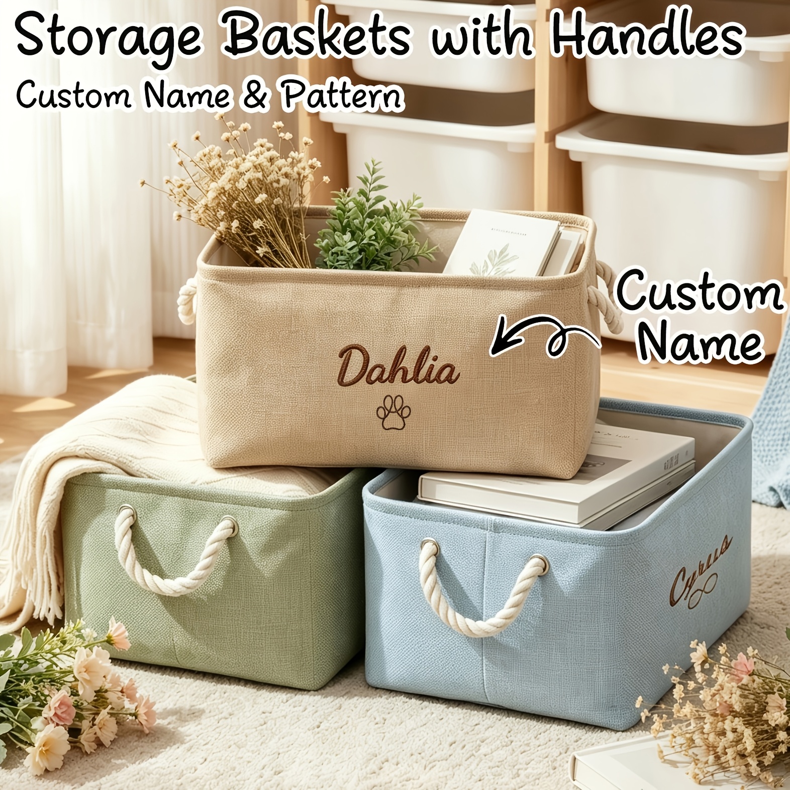 Custom Storage Basket with Handles, Personalized Foldable Bin