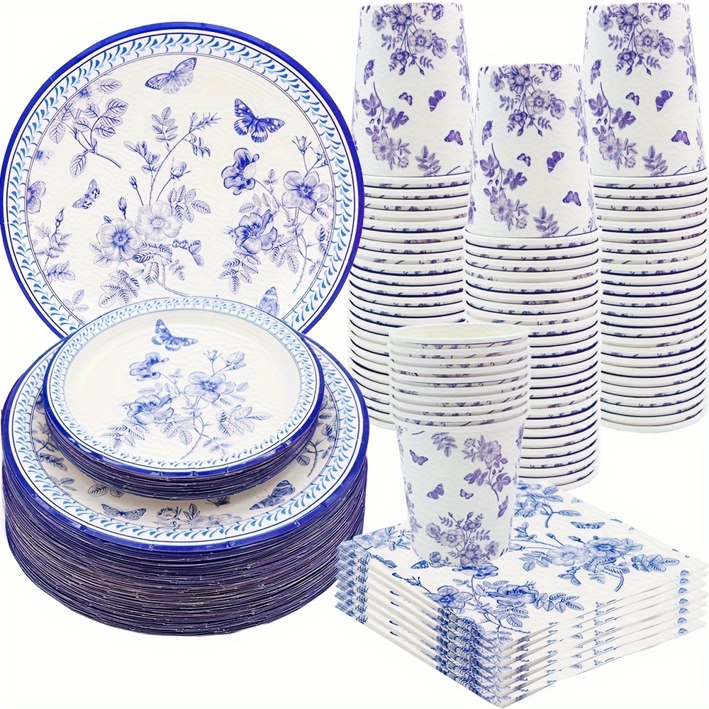 

100pcs Blue White Floral Party Supplies Set 9"blue White Floral Dinner Plate 7"floral Dessert Plate Napkins Cup For Bridal Shower Wedding Tea Party Floral Birthday Party Decor Serve25