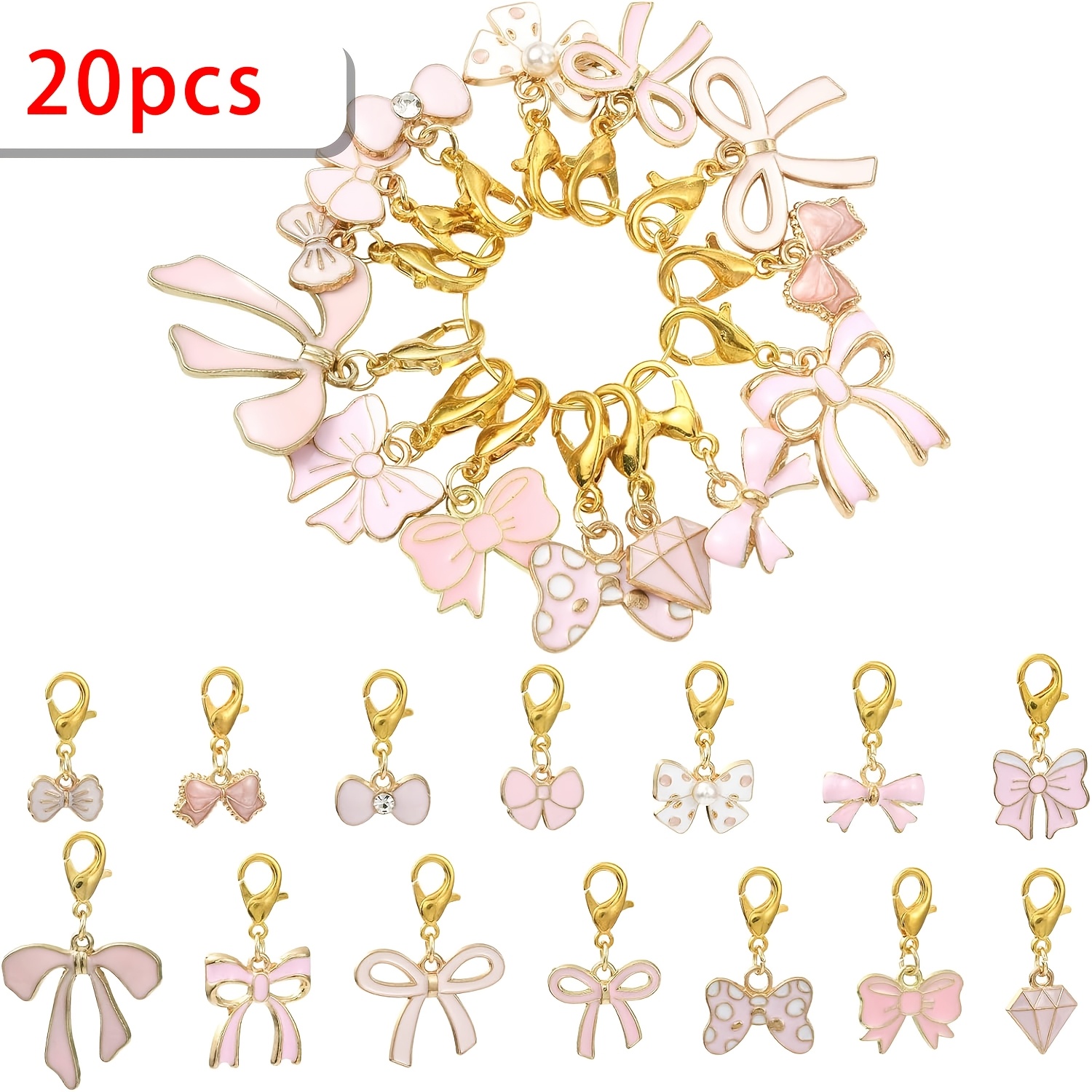 E-shop Ein Set mit 20 sortierten rosa Schmetterling- und goldene Emaille-Anhängern mit Karabinerverschlüssen, geeignet für die Herstellung von