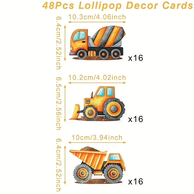 Image of 48pcs, Lollipop Paper Cards Set, Engineering Vehicles Theme Party Decoration Lollipop Paper, Bulldozer Tractor Truck 1st Birthday Party Decor, Baby Shower Party Supplies, Event Party Fun Favor