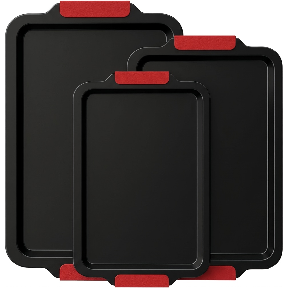 TEMU 3pcs Carbon Steel Oven Bakeware Set With Red Silicone Handles Commercial-grade