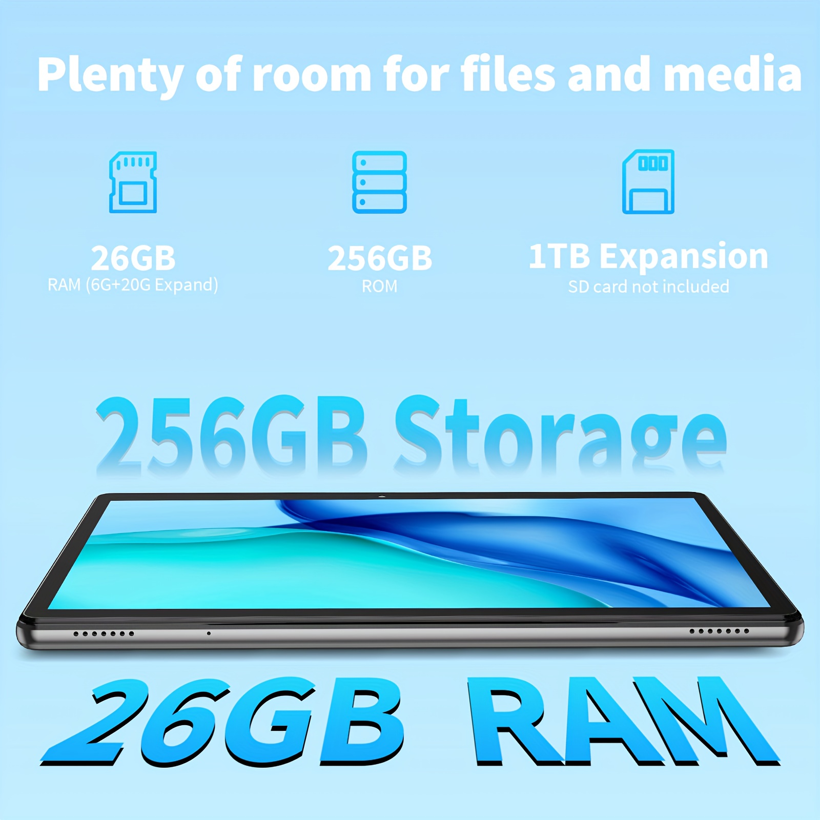 QDDQ 2025 Android 15 Tablet, met 26GB RAM (6GB + 20GB) en 256GB interne opslag, uitbreidbaar tot 1TB (SD-kaart niet inbegrepen). Deze Android Tablet wordt geleverd met een gratis toetsenbord, Pad Case, draadloze muis, stylus, een batterij, Tablet, Pad.