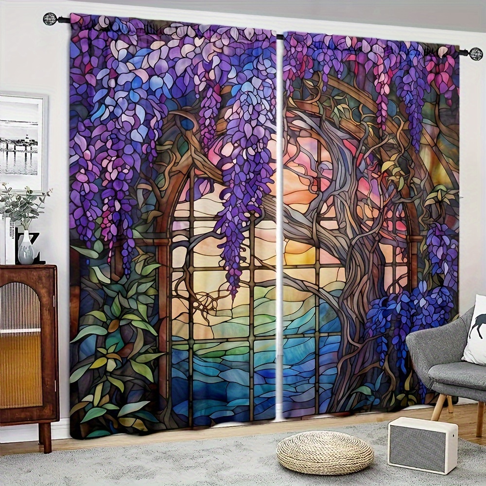 

2pcs Stained Glass Wisteria Flower Printed Curtain For Home Decor - Rod Pocket Window Treatment For Bedroom, Office, Living Room, And Study