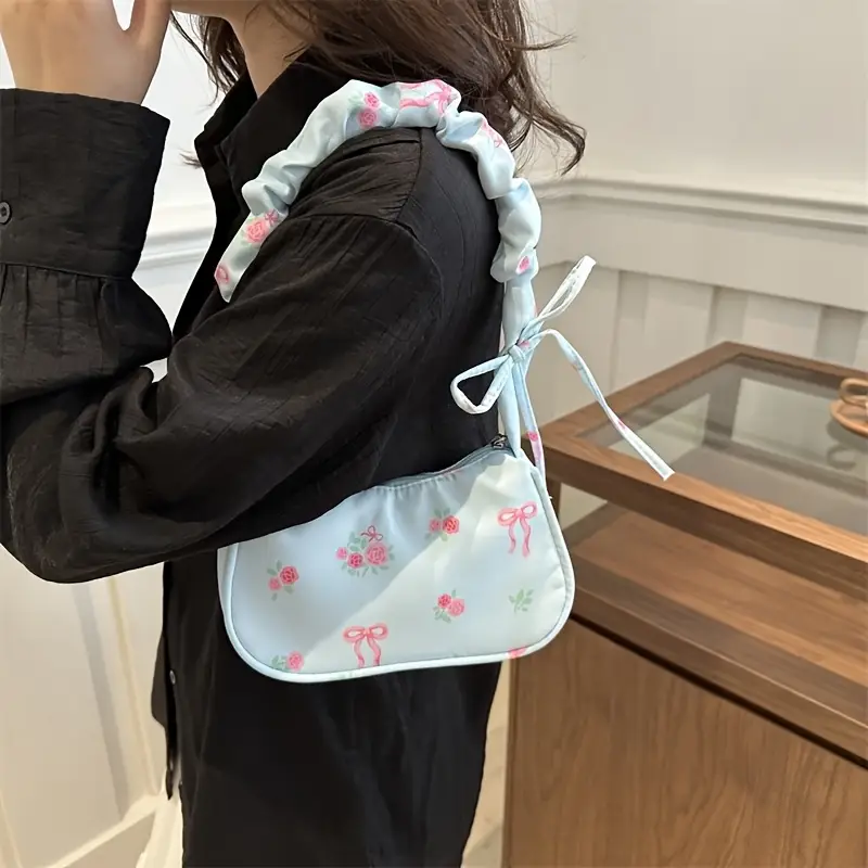 floral print mini shoulder bag for women lightweight polyester crossbody bag with adjustable bow strap zipper closure white black compact travel pouch cute accessory smooth texture small purse details 1