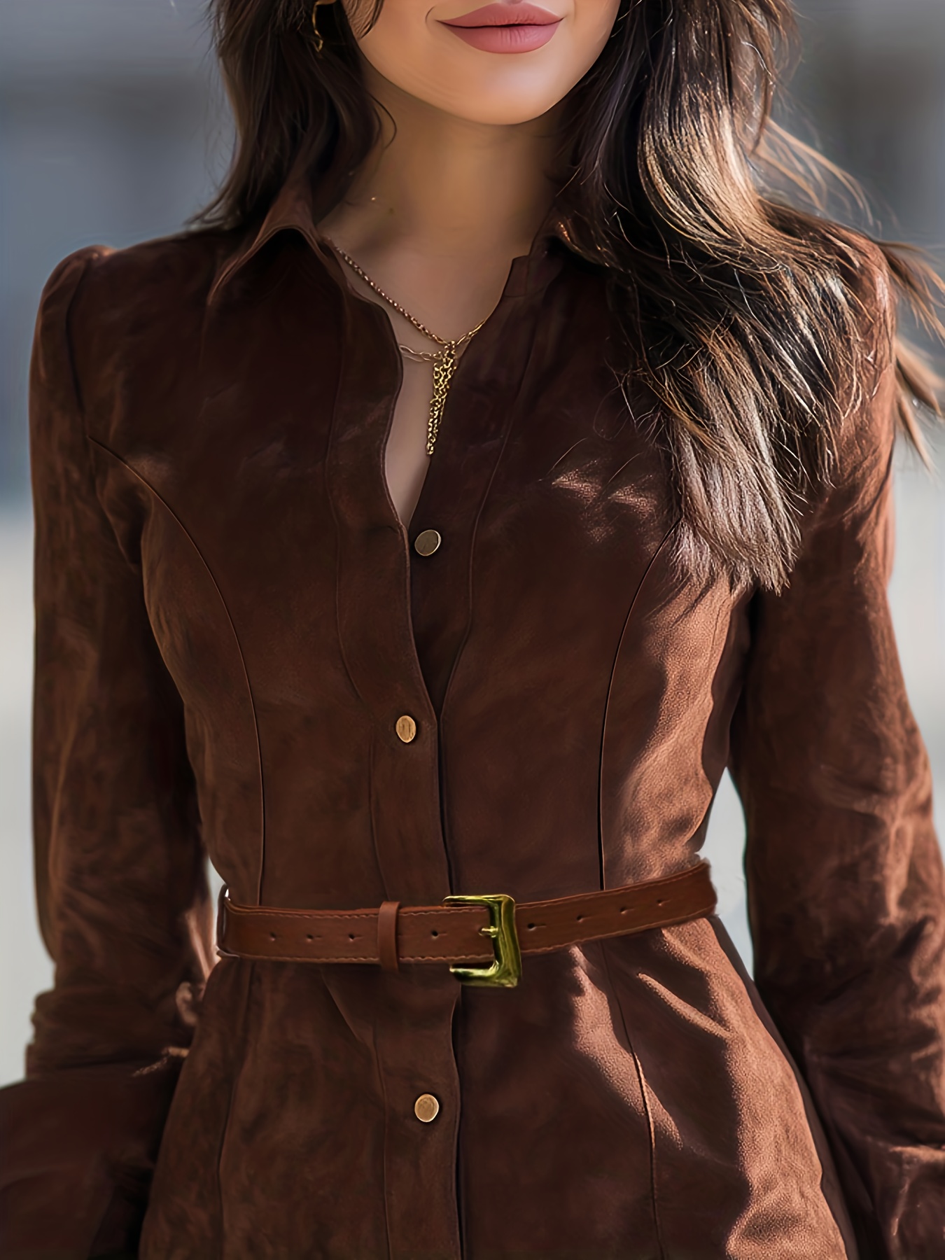 棕色仿麂皮衬衫连衣裙 收腰单排扣设计 秋冬时尚通勤短裙 商品详情 2