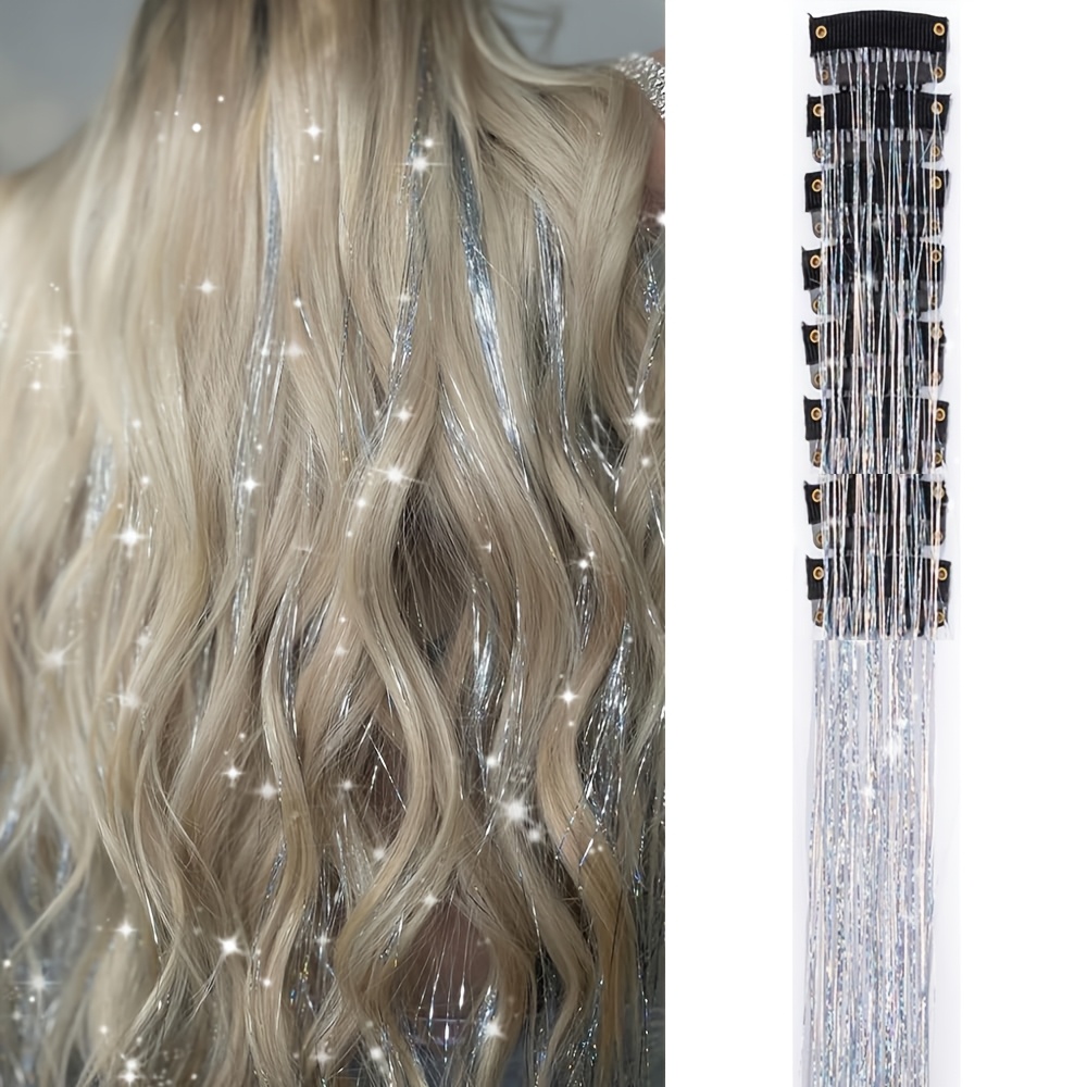 TEMU 8 Stück Clip-In Haar Glitzer - 20-Zoll Clip Glitzer Haarverlängerungen Funkelnde Feen Dazzle Bunte Ergänzungs-Set für Frauen , Cosplay, Party,
