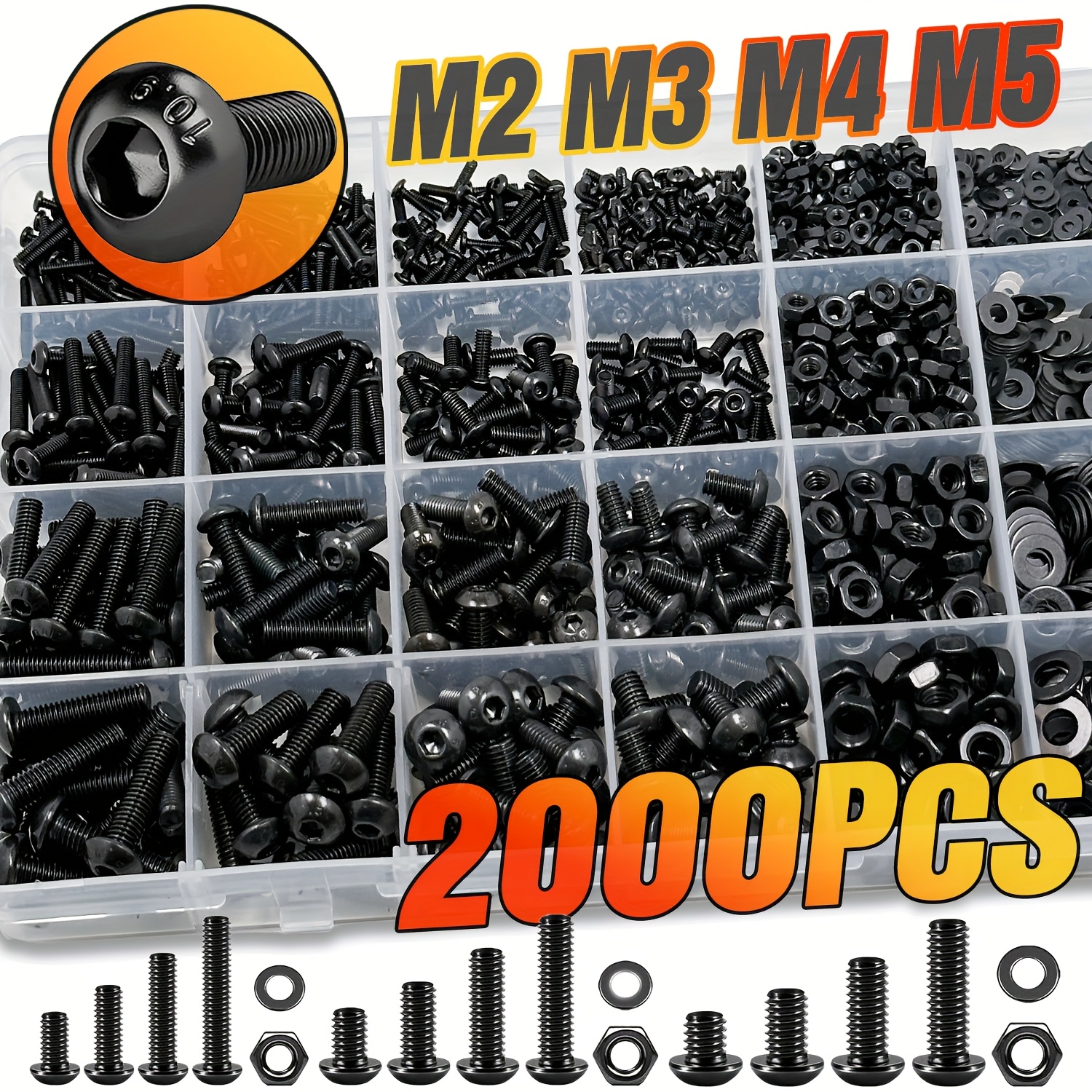 Image of Assortment Kit Of 2000pcs Of Head Machine Screws, Including M2, M3, M4, And M5 Metric Bolts And Nuts, Along With Lock And Flat Washers, Made From Grade 10.9 Alloy Steel, Packaged In A Case