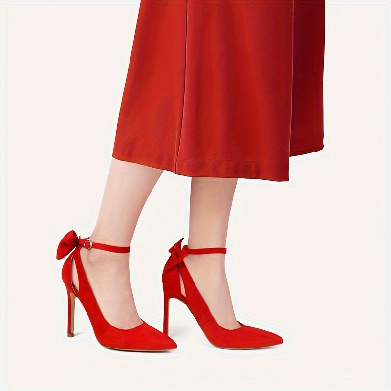 elegant womens red bow tie lace high heels pointed toe ankle Temu