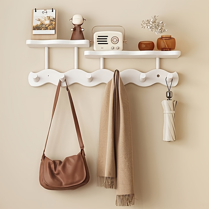 Image of 1pc Wooden Wall Mount Coat Rack With Hooks, Polished End, , , No Drilling Required, Multipurpose Organizer For Bedroom, Living Room, Entryway