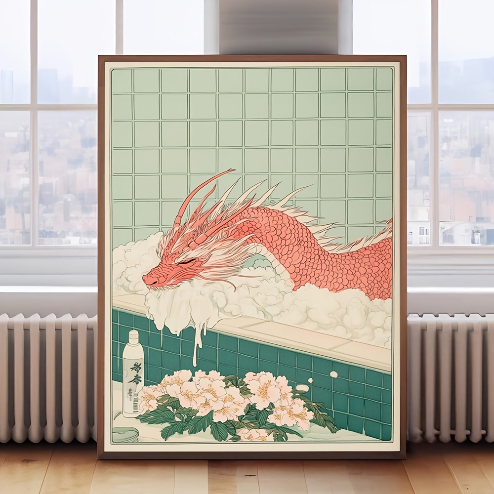 TEMU 1pc Japanese -e Dragon Wall Art - Frameless Japandi Style 2d Flat Canvas Poster Suitable For Bathroom, Living Room, Bedroom, Office Decor -