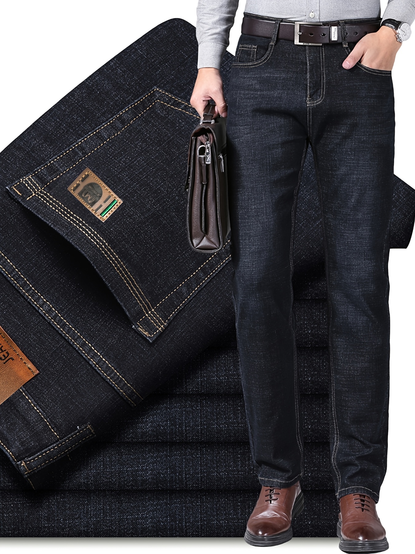 Men's Plus Size High-Quality Business Casual Jeans - Light Blue, Stretch Denim with Golden-Tone Button Detail, Comfortable & Durable for All Seasons, PLUS SIZE