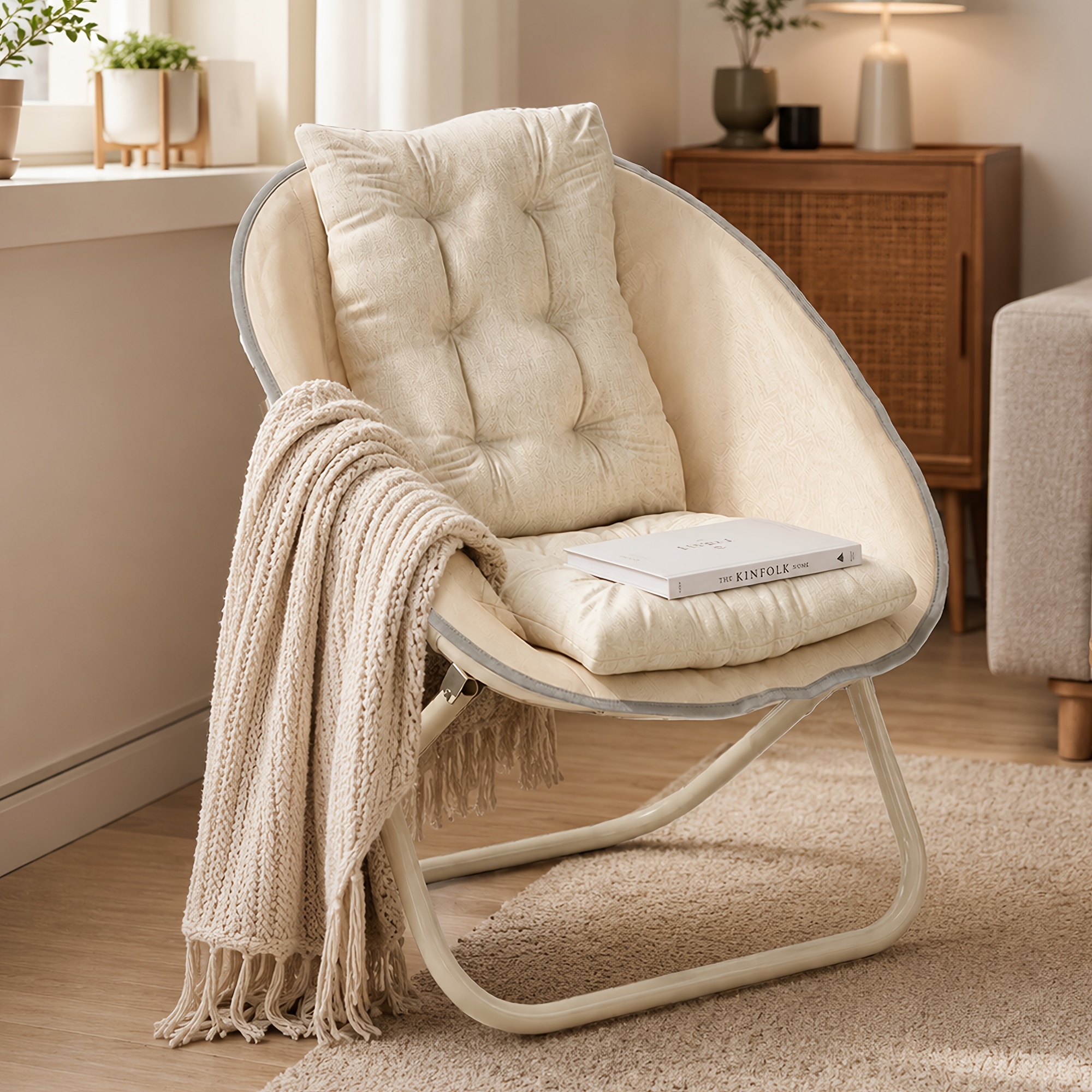Folding Moon Chair With Cushion | Balcony Reading Leisure Chair, 150kg Load-bearing Structure, Soft Cotton Filling Comfortable For Long Sitting