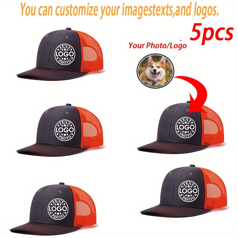 TEMU Set Of 5 Personalized Logo Trucker Hats, Unisex Breathable Mesh Caps With Adjustable Back Strap, Sturdy Headgear For Outdoor Use, Custom Gift