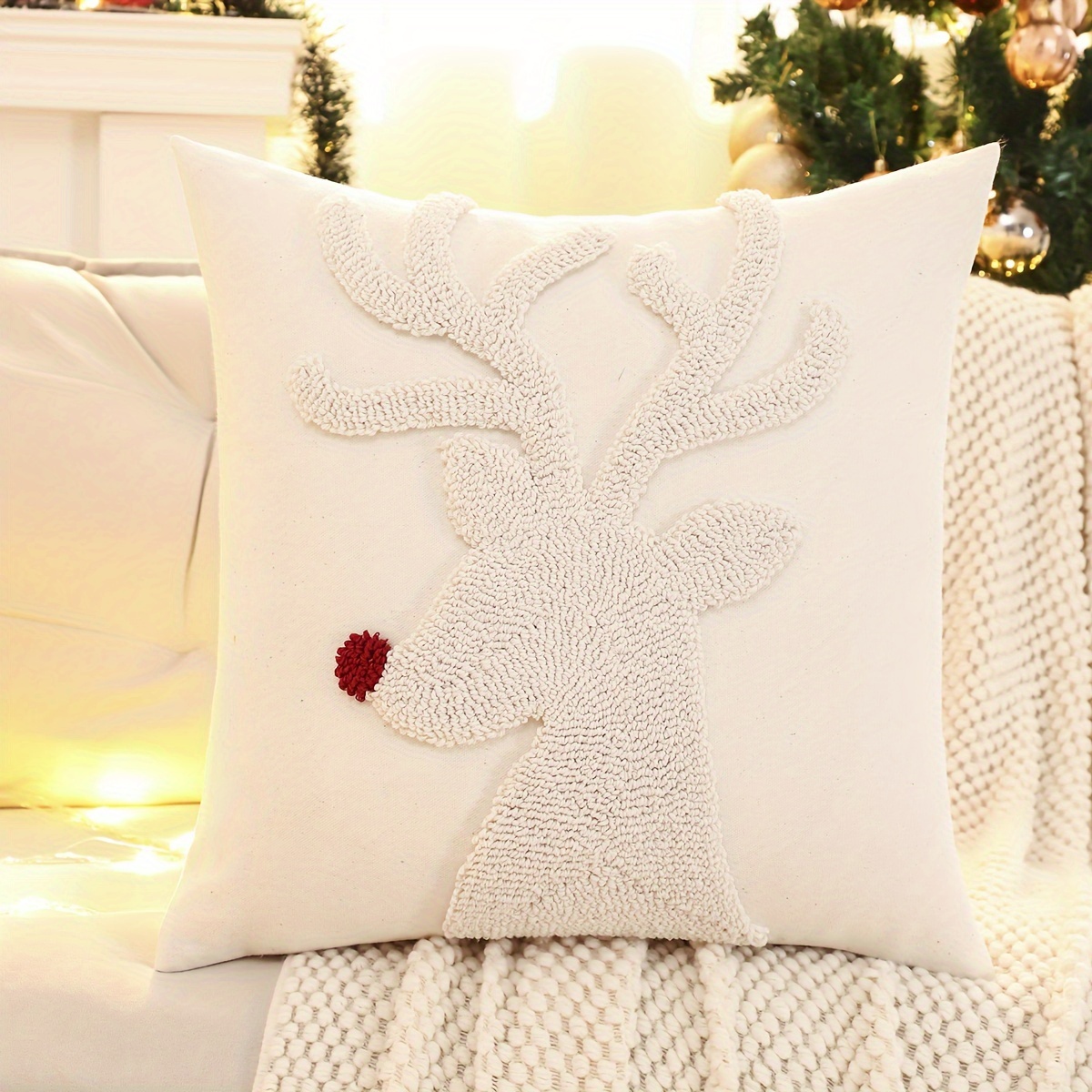 A Christmas Decorative Pillow Cover Featuring Snowmen, Reindeer, And Snowflakes, Embellishing Your Bedroom Or Living Room.