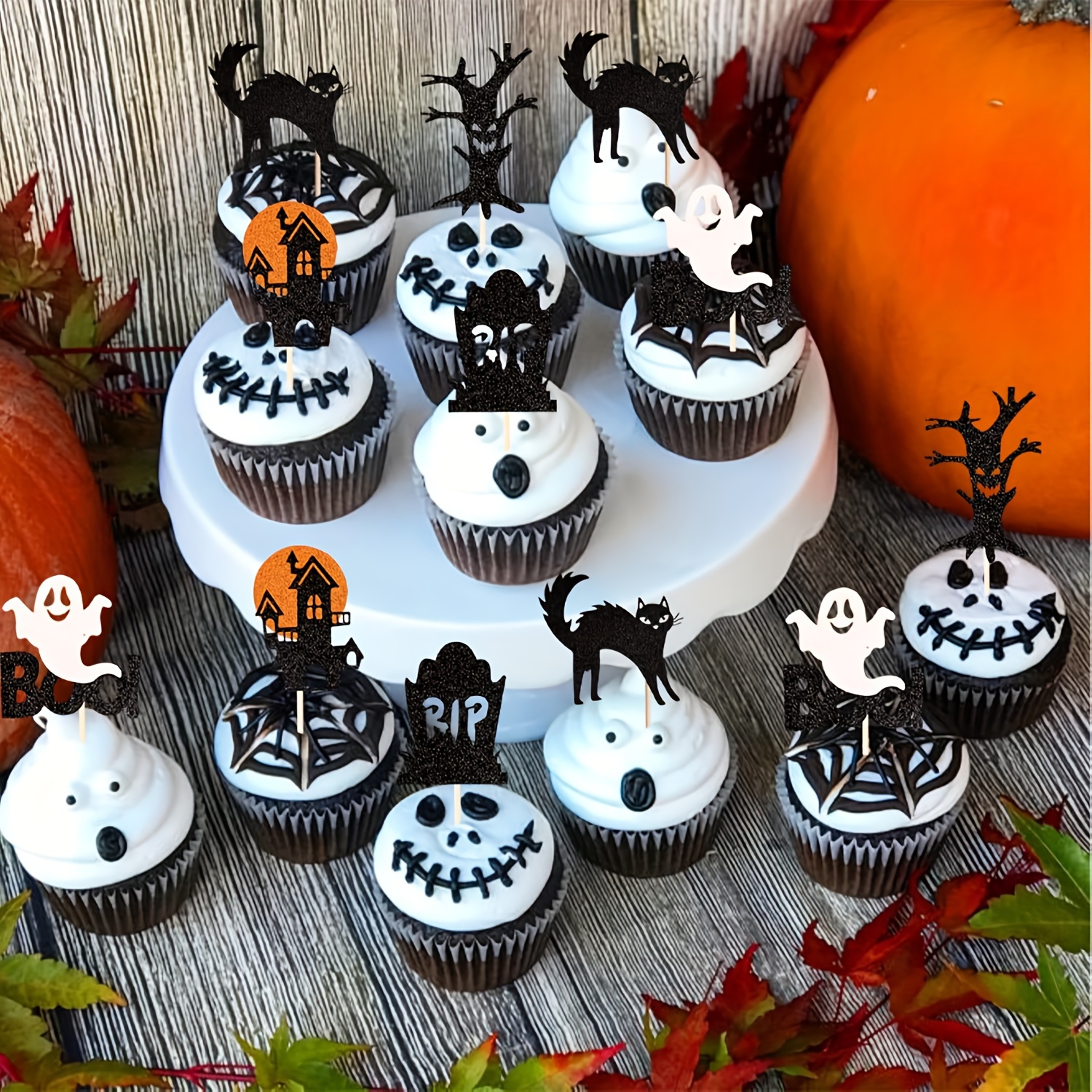 

Spooky Cupcake Toppers - 20 Pieces: Tree, Castle, Cat, Gravestone, And 'rip' & 'boo!' Signs - Perfect For Your Party Or Birthday Celebration