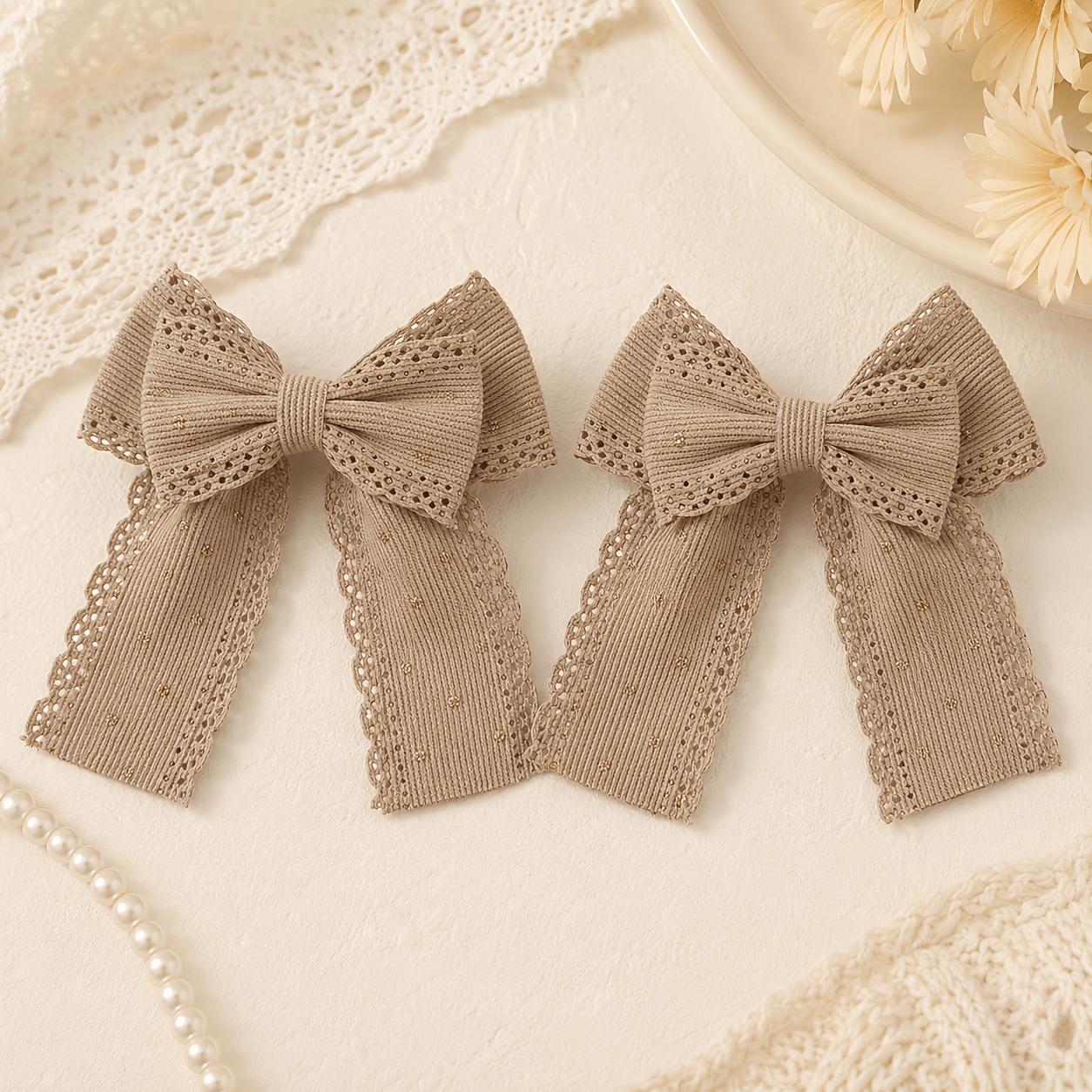 TEMU 2pcs Elegant Solid Color Hair Bow Clips Sparkly Rhinestone Decor Hair Barrettes For Women Soft Fabric Headpieces Chic Long Tail Hair Accessories