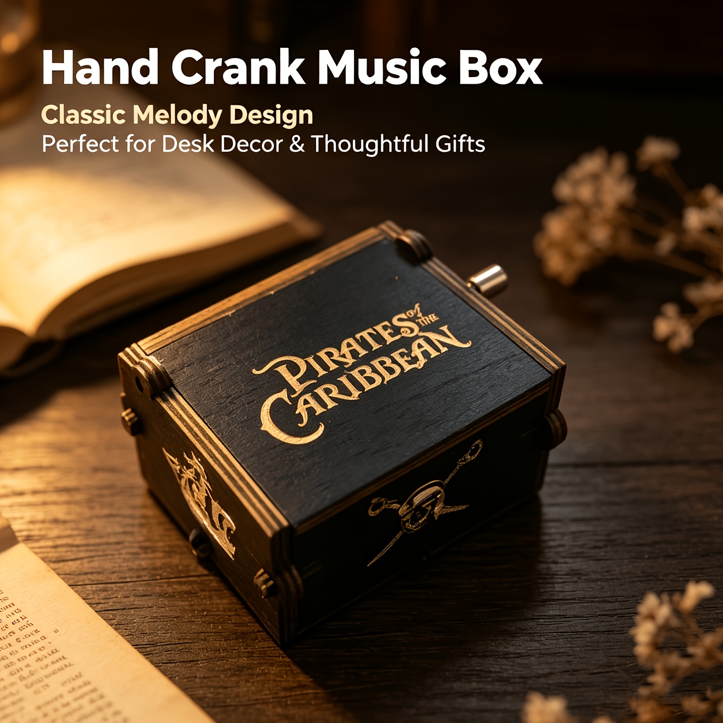 TEMU 1pc Vintage Hand-crank Music Box With Carved Melody - Portable Retro Suitable For Decor, Desk Ornament, Birthday Gift, Holiday Present,