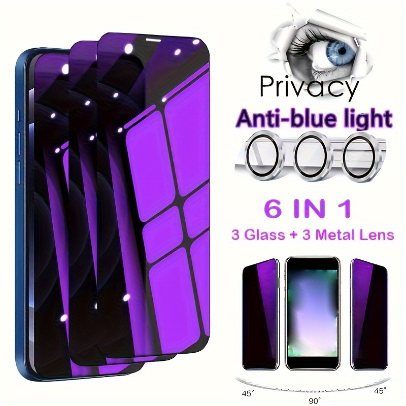 

6in1 [3pcs Purple Screen Glass + 3pcs Metal Lens] Anti-blue Light Privacy Screen Protector For 11 12 13 14 Pro Max Camera Len Protective Glass For 14 Plus 13 12 Mini