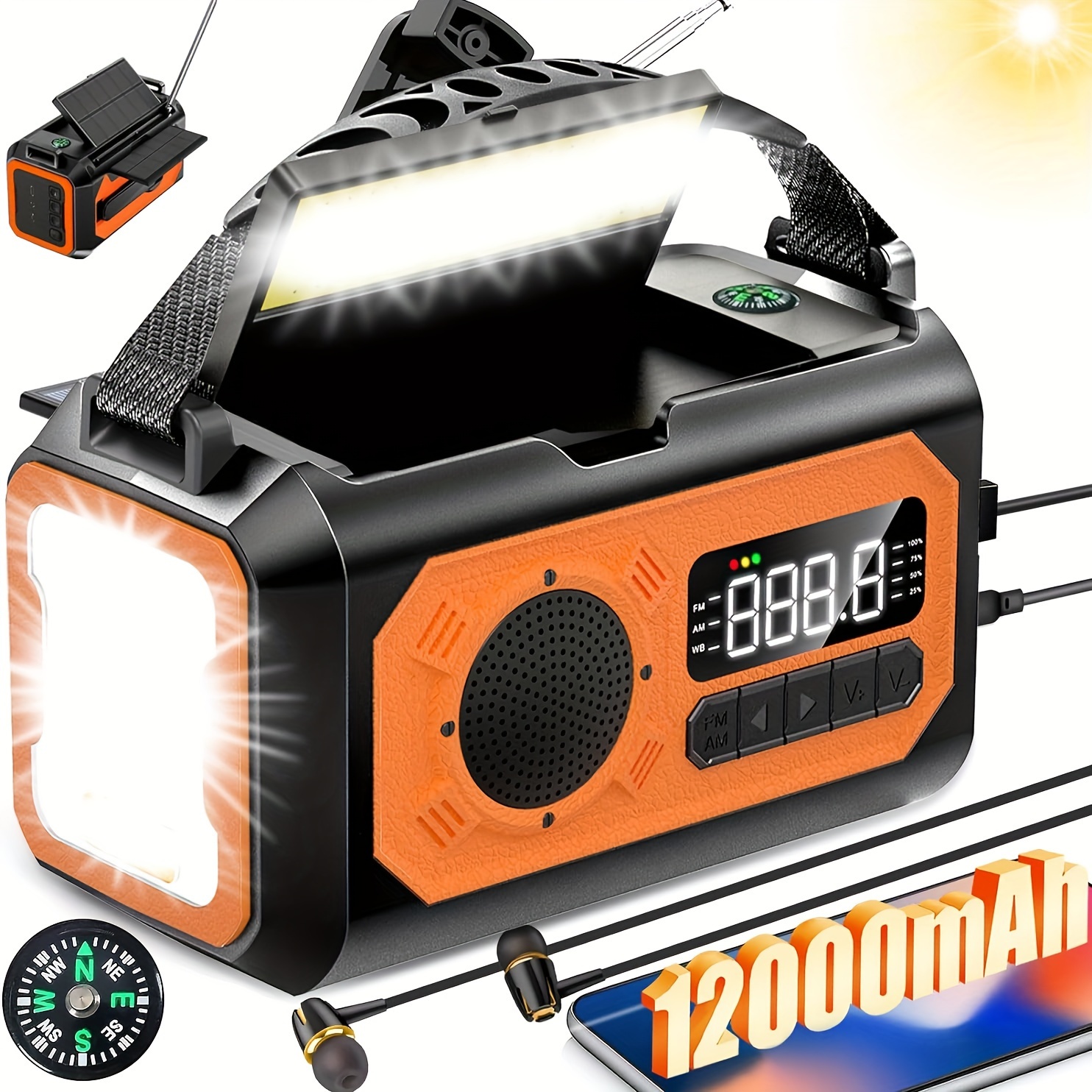 

12000mah Hand Crank Emergency Radio, Am/fm/, Emergency Radio, Multi-function Solar Powered Radio, 2 Solar Panels, Usb Type-c Charging, Torch & Led Reading Lamp, Sos Alarm, Compass