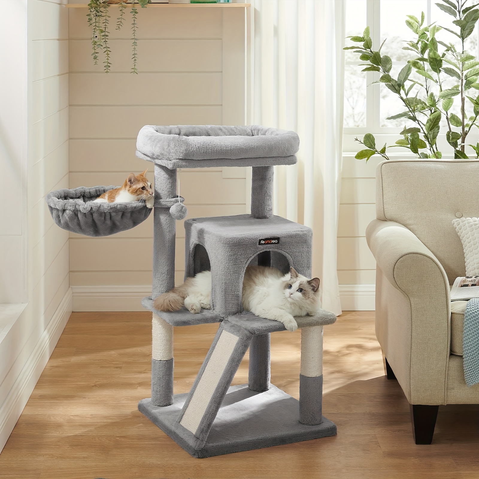 

Feandrea Cat Tree, Small Cat Tower With Widened Perch For Large Cats Indoor, Kittens, 37.8-inch Multi-level Cat Condo With Scratching Posts And Ramp, 2-door Cat Cave, Cat Basket, Light Gray