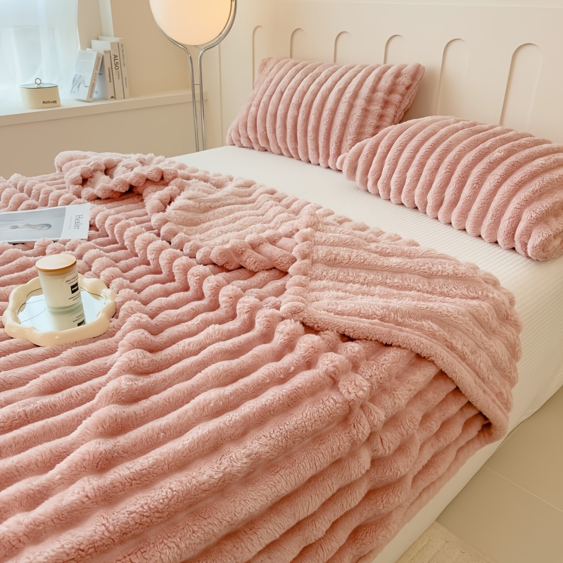 ultra soft   rabbit fur throw blanket cozy thick striped plush for     couch bed and hotel   christmas present details 16