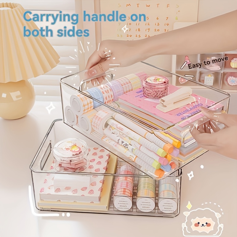 stackable transparent plastic cosmetic storage box - large capacity organizer basket for dorm clutter, multi-functional space-saving storage container. suitable for kitchen, bathroom, bedroom, living room, and office.   organization box Product details 4