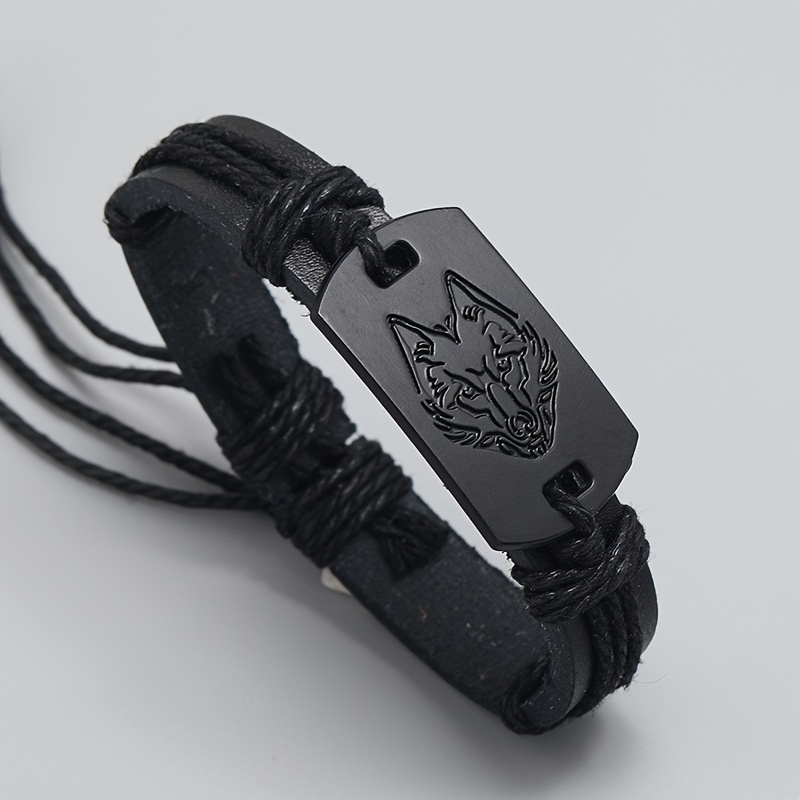 Pulsera de Cuero Sintético Trenzado con Cabeza de Lobo para Hombres - Accesorio Elegante