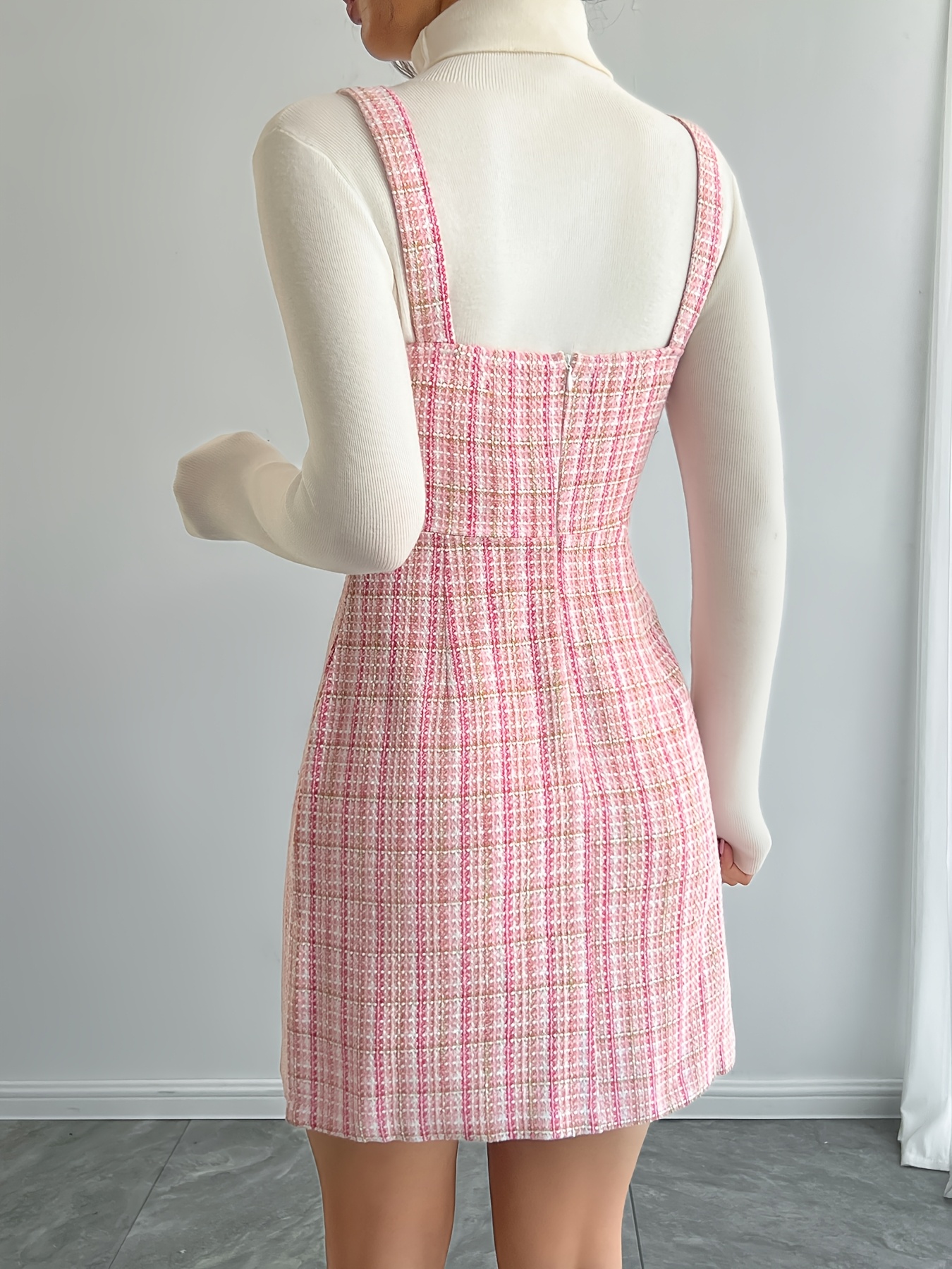 Line Dress Pink And White Plaid Dress Sun-Imperial Women's Pink Plaid A-Line  Mini Dress