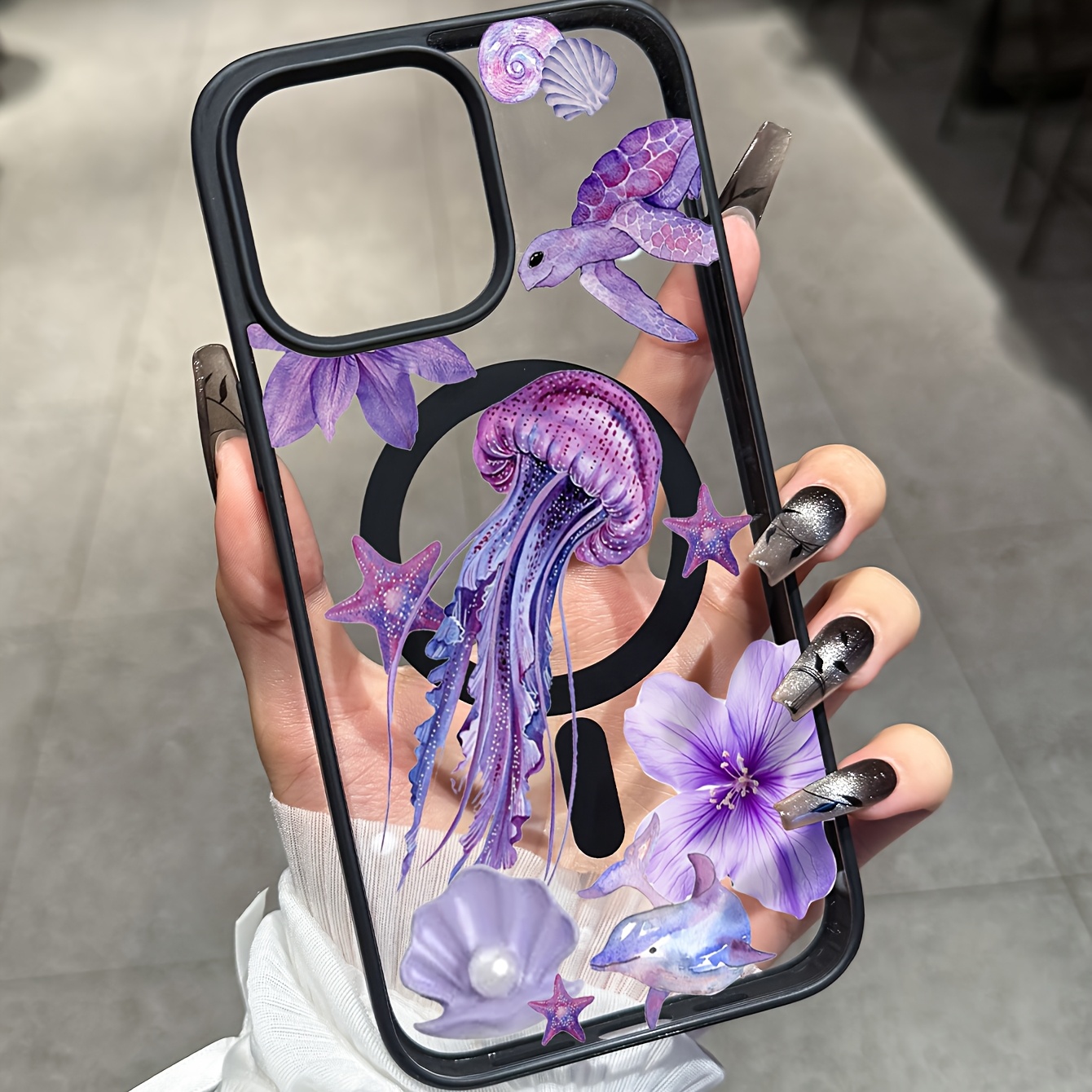 TEMU Phone Case: Deep Sea Purple Acrylic Magnetic Protective Case, Featuring A Semi-translucent Misty With Purple- , Accented With Starfish,