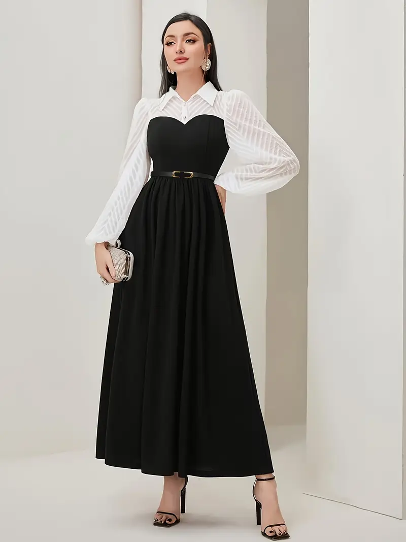 long sleeve black and white colorblock dress Monochrome Paneled Plunging V-Neck Long-Sleeve Maxi Dress