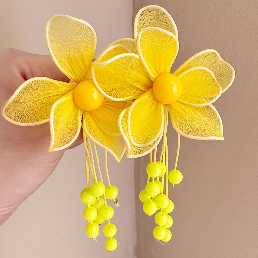 TEMU Boucles d'oreilles longues pendantes jaunes en avec fleurs, pompons et perles, style doux, frais, doux et féminin, pour visage fin