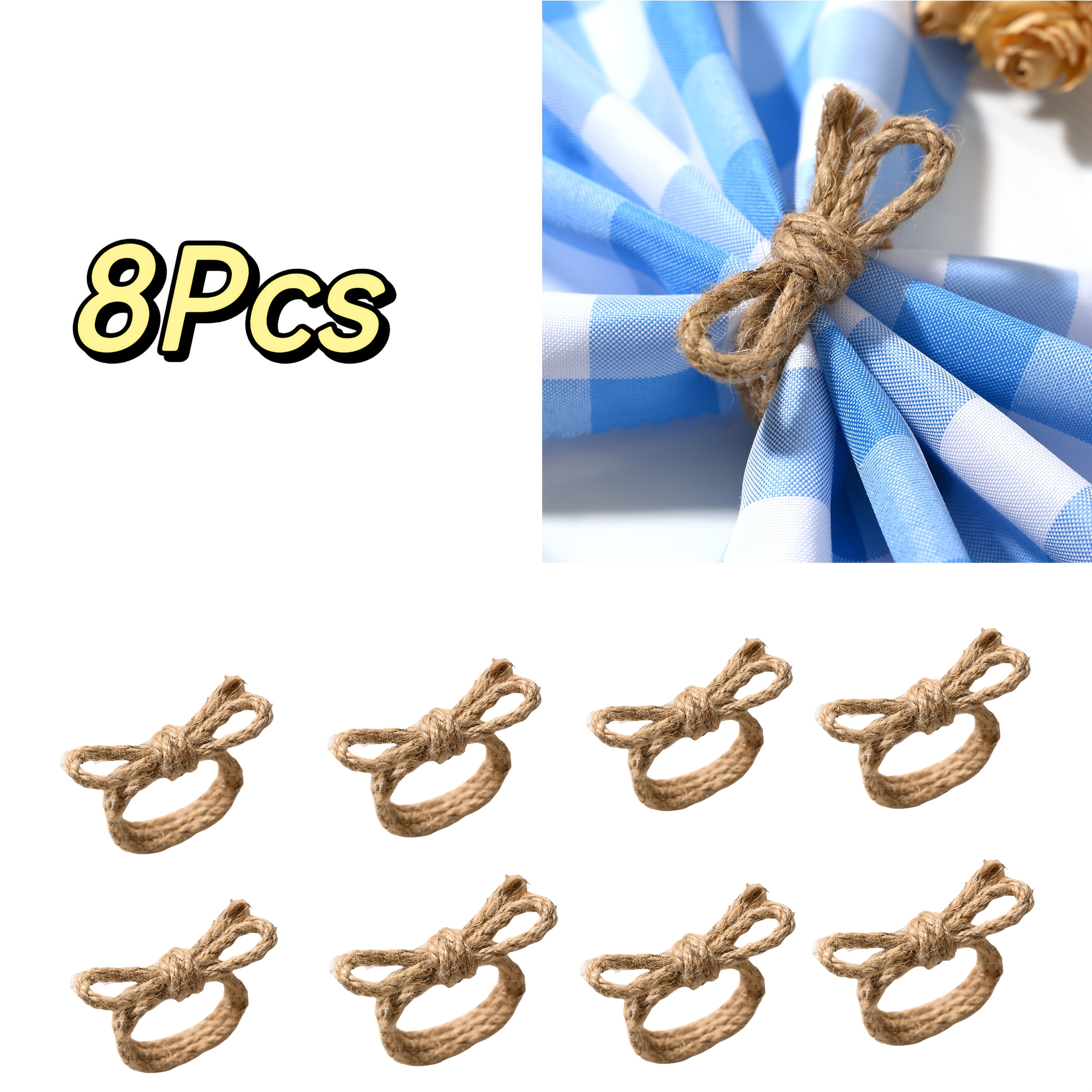 E-shop 2/8 Stk. Elegantes Leinen Geflochtener Serviettenring-Set, Handgefertigter Geflochtener Blumenform Jute-Serviettenring, Geeignet für Esstisch,