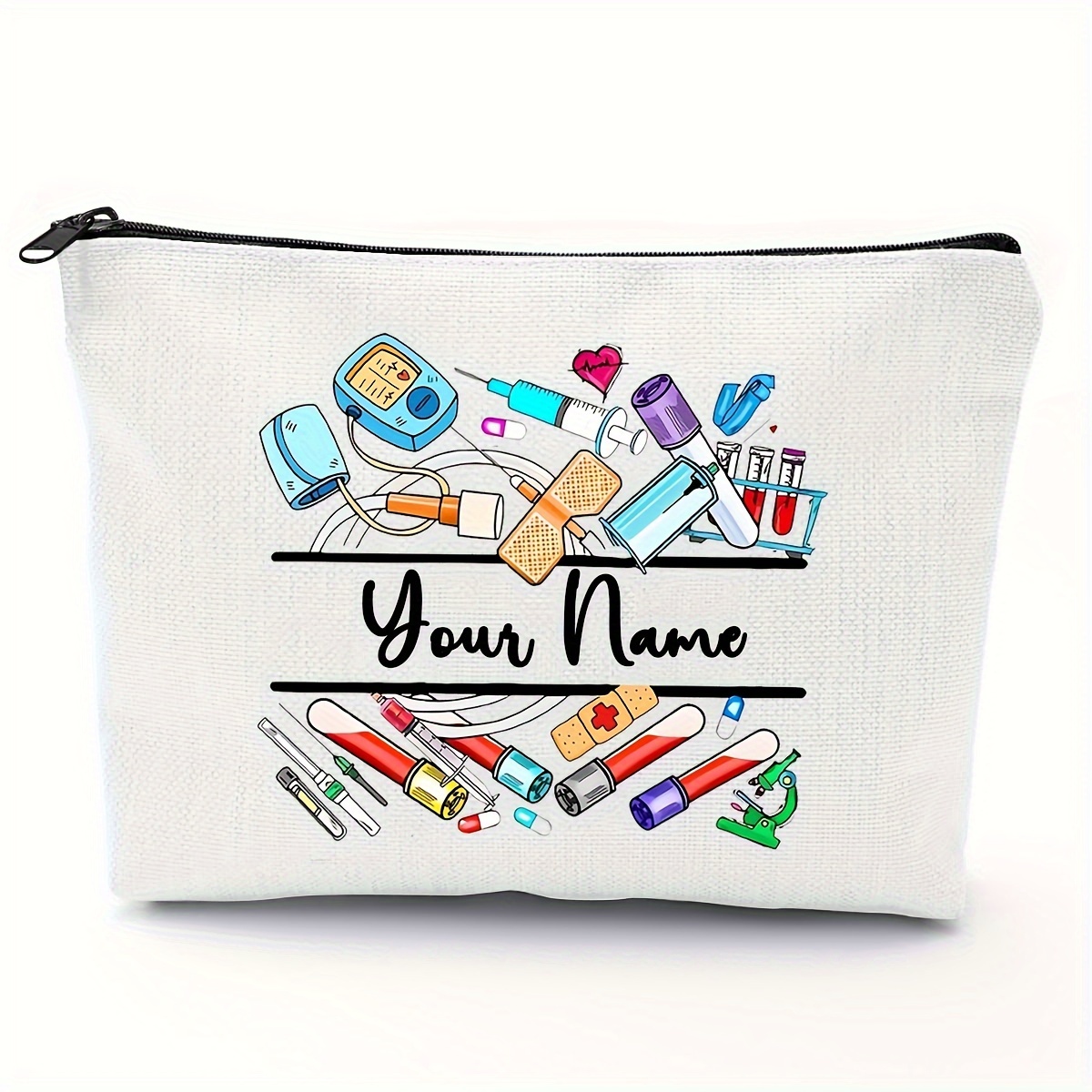 

1pc Customizable Canvas Makeup Bag, Personalized Phlebotomy Design, , Foldable & Lightweight, Zipper Closure, Ruffle Detail, Canvas Material, Appreciation Gift Professionals