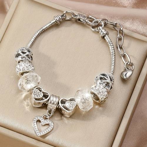 1pc elegant handmade jewelry with openwomanrk heart pendant beads polymer clay craft beads and snake bone chain bracelet bracelet perfect gift for mom family on valentines day birthday christmas and anniversary
