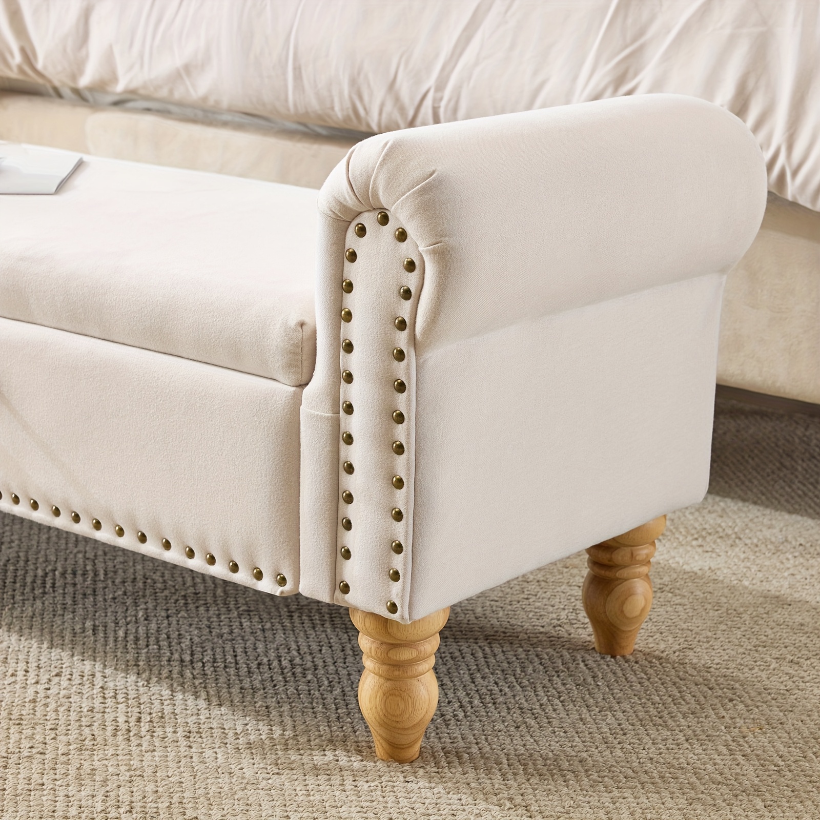 ATOMHAUS Upholstered Storage Bench for Bedroom End Of Bed Rolled Armed Corduroy Linen Fabric Ottoman Couch Long Bench Window Sitting Fireplace Toy Storage Bench Living Room Furniture