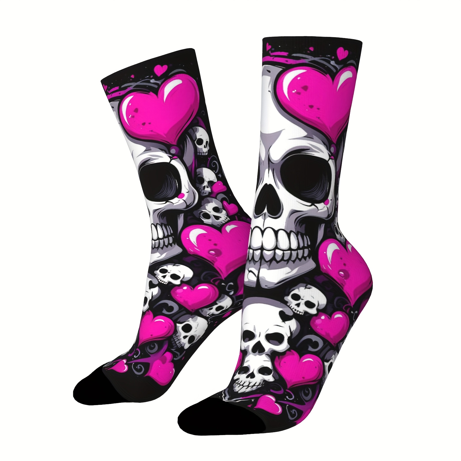 TEMU A Pair Of Unisex Outdoor Socks Featuring A Halloween Skeleton Heart Pattern, Mid-calf Length, Machine Washable, Suitable For Outdoor Sports