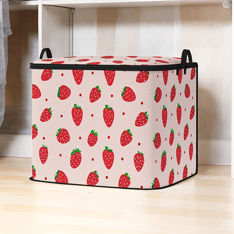 TEMU 1pc Clothing Lid Storage Bin, Strawberry Print Storage Bag, Large Capacity Folding Storage Bag For Blankets, Quilts And Clothes - Durable