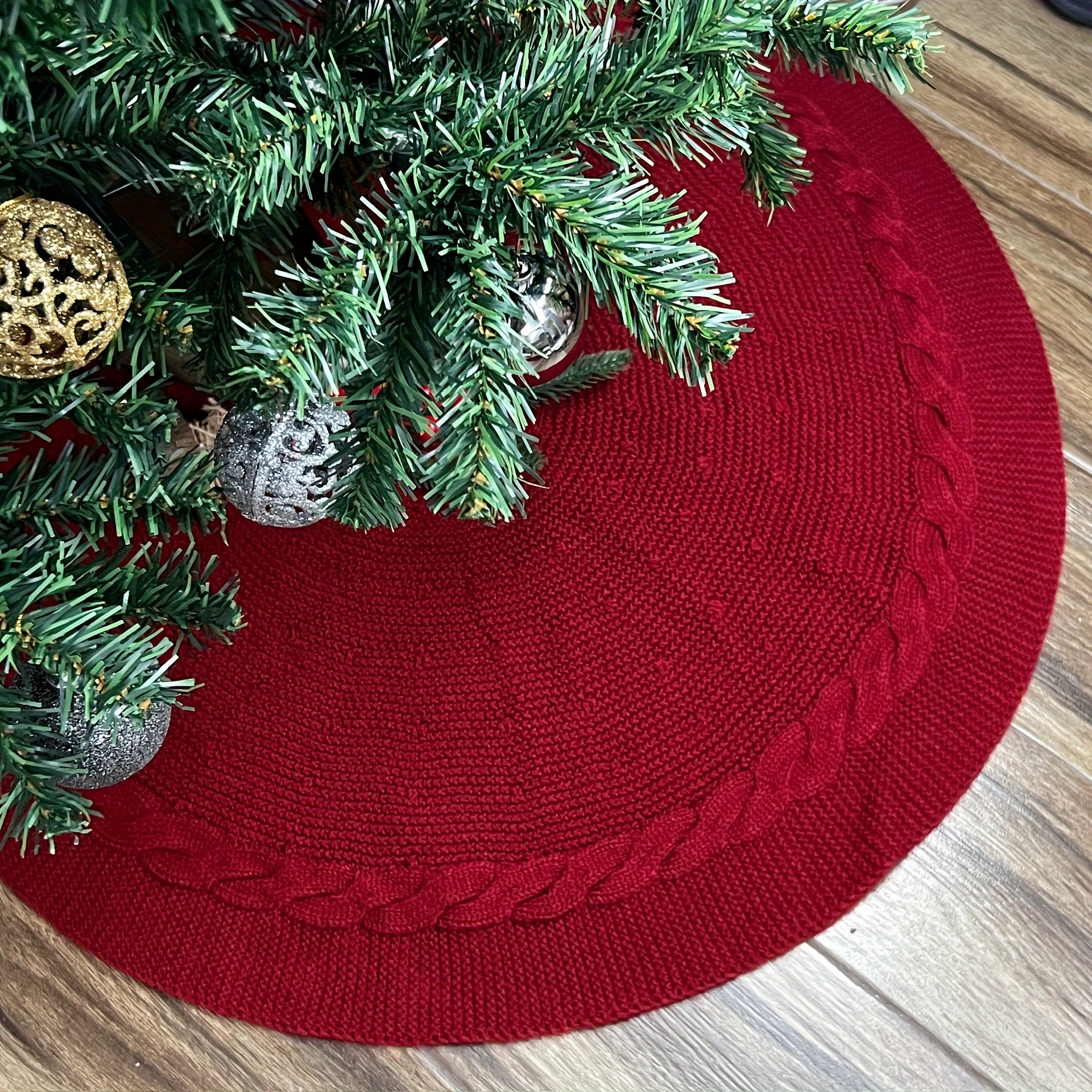 

1pc Vintage Style 24" Red Knitted Christmas Tree Skirt - Chunky Cable Knit Polyester, Rustic Farmhouse Party Decor, Tree Decoration