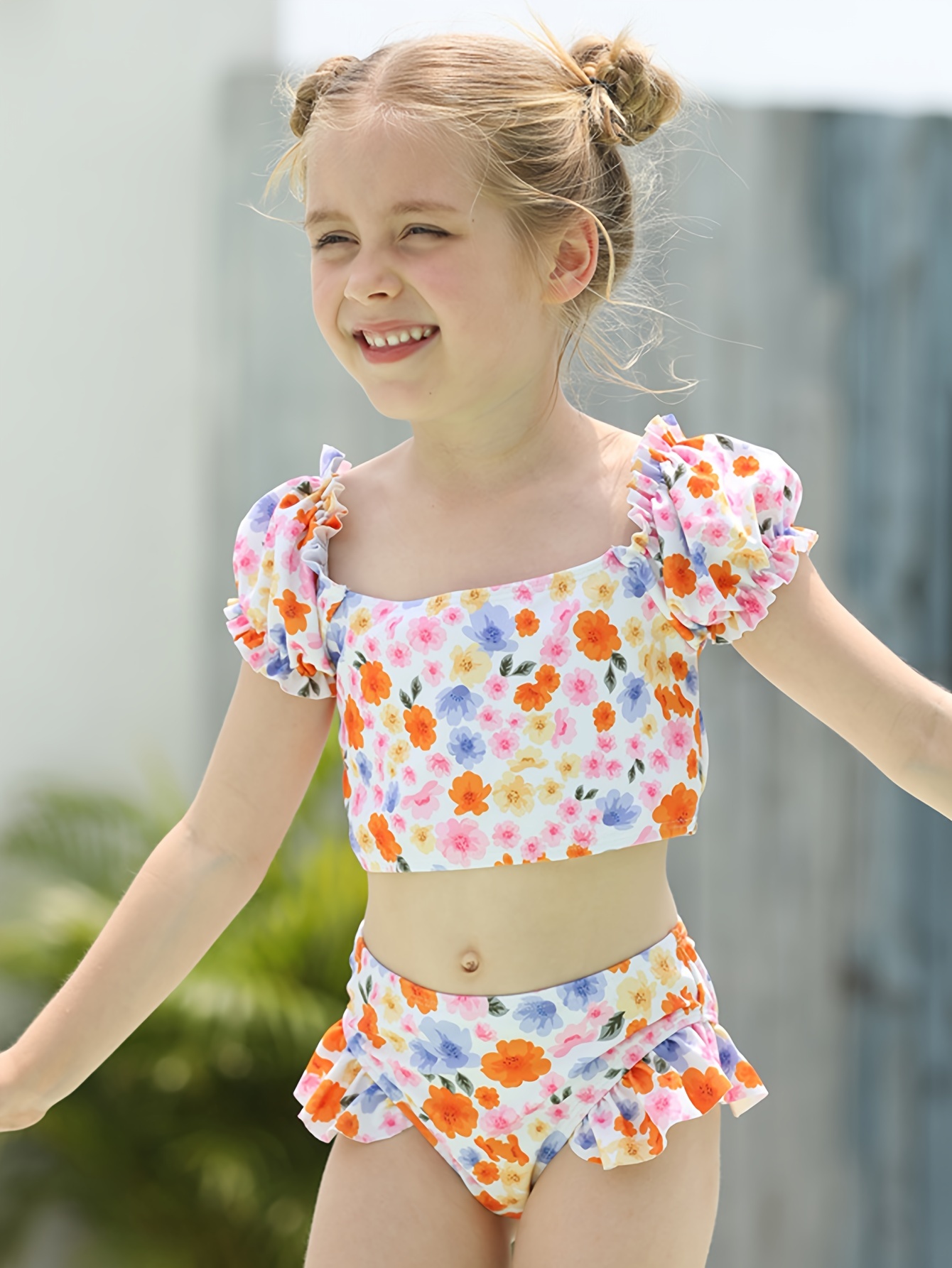 Generisch 2025 - Maillot De Bain D'été Pour Fille Avec Motif Floral Mignon, Trois Couleurs Croisées Imprimées Transversales, Jupe De Bain Pour Femmes, Orange, 150