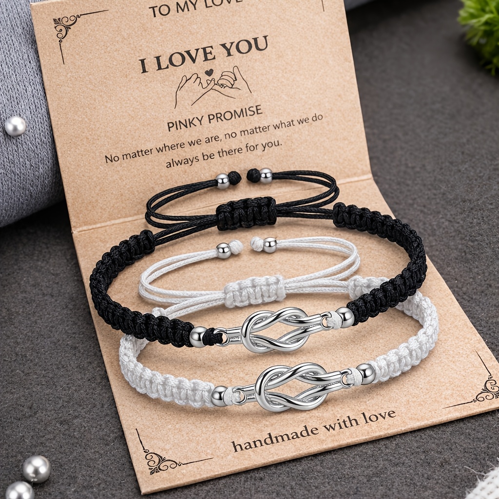 Image of 2pcs Matching Couple Bracelets For Women Men, Adjustable Handmade Braided Bracelets, Friendship Relationship Jewelry, Distance Gift, Valentine's Day Gift For Boyfriend Girlfriend