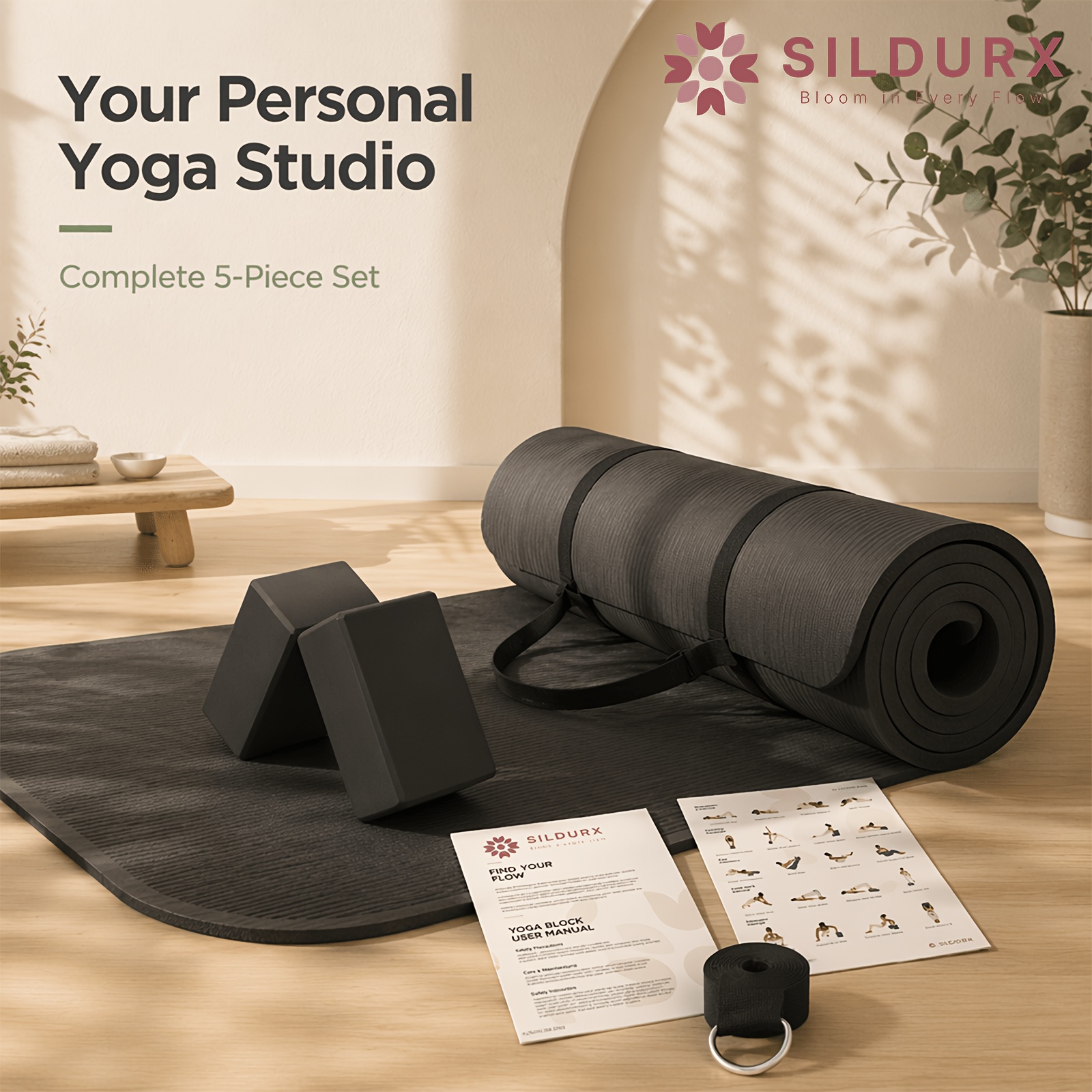 Yoga Mat Set with Carrying Strap, 2 Yoga Blocks & Stretch Strap, Extra Thick Non-Slip Exercise Mat for Yoga, Pilates, Ho