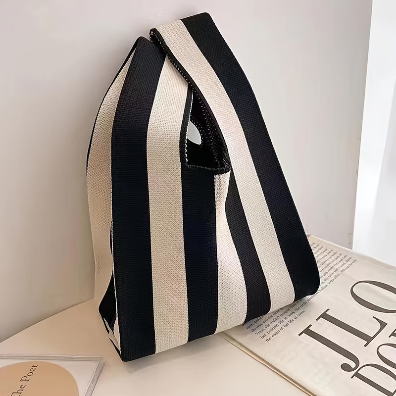 TEMU Borsa Tote a Righe all'Uncinetto - Mini Borsa Tote Morbida, Borsa Trampoliera , Borsa Casual da Donna con Fissato per Viaggi Quotidiani, Regali